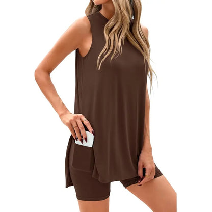 Sleeveless Crewneck Women's 2 Piece Sets Resort Split Hem Fitted