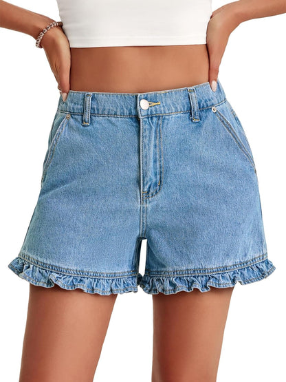 High Waisted Ruffle Denim Shorts with Pockets