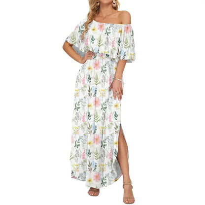 Women's Off The Shoulder Dress Wedding Guest Dress Summer Casual Long Ruffle Party Side Split Beach Maxi Dresses