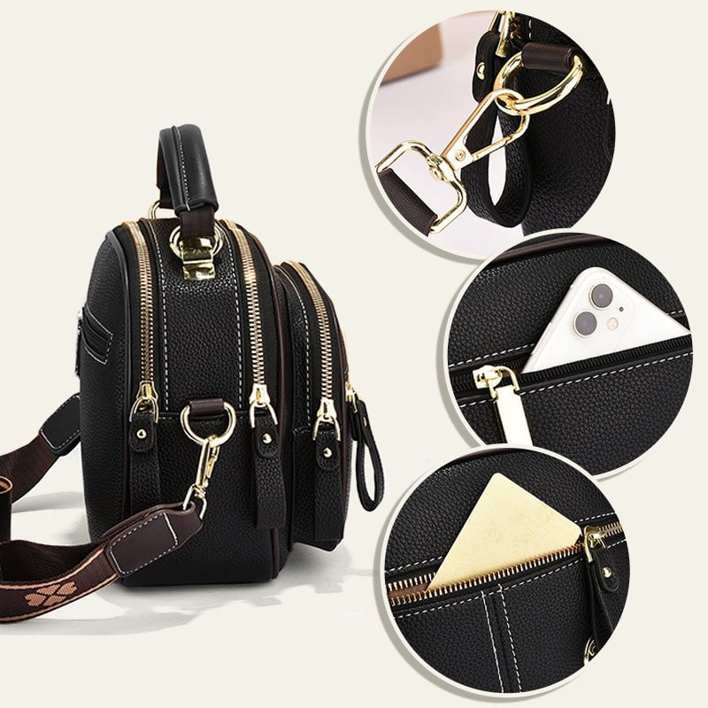 Classic Leather Crossbody Bag with Multifunctional Compartments & Adjustable Wide Strap