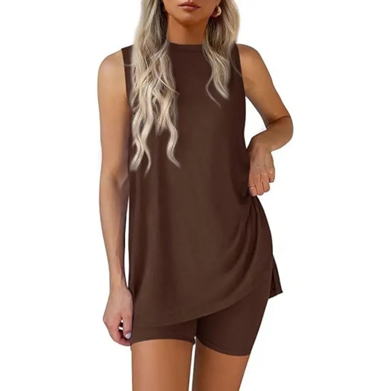Sleeveless Crewneck Women's 2 Piece Sets Resort Split Hem Fitted
