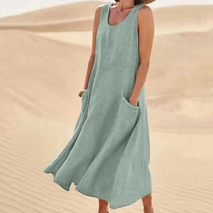 Last Day 49% OFF Women Cotton Linen Sundress Summer Sleeveless Loose Pocket Long Dress Buy 2 Get Free Shipping Today