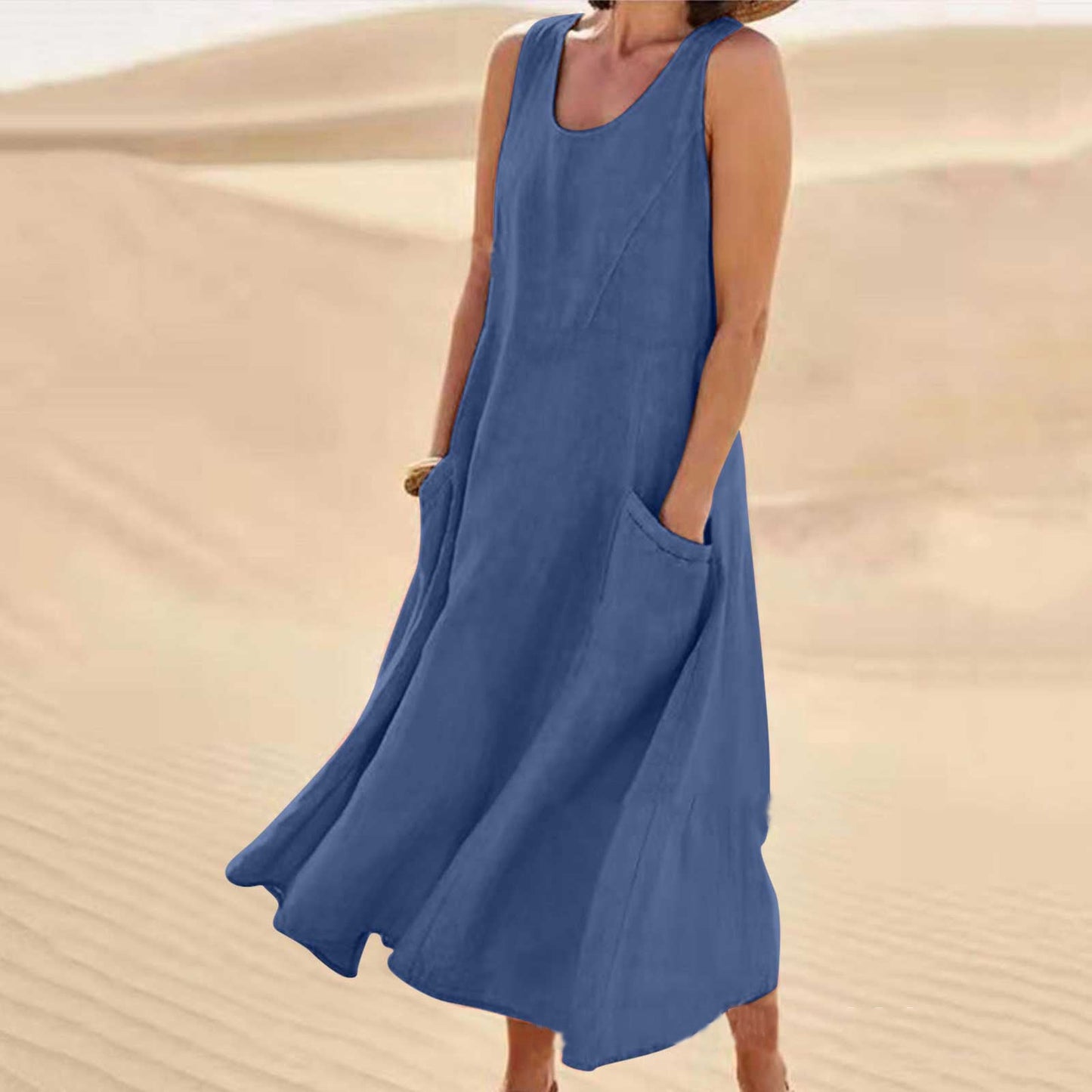 Last Day 49% OFF Women Cotton Linen Sundress Summer Sleeveless Loose Pocket Long Dress Buy 2 Get Free Shipping Today