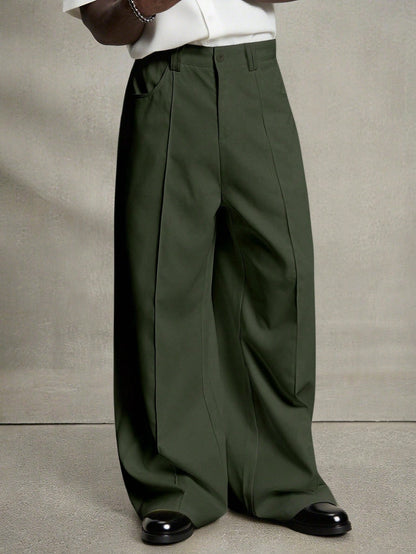 Men's Pleated Wide Leg Trousers – Relaxed Fit Army Green Pants