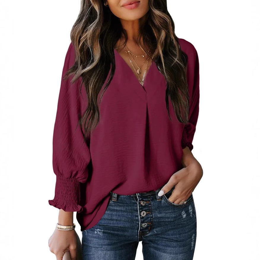 Women's Tight Loose Top V Neck Casual Loose Cropped Sleeve Shirt