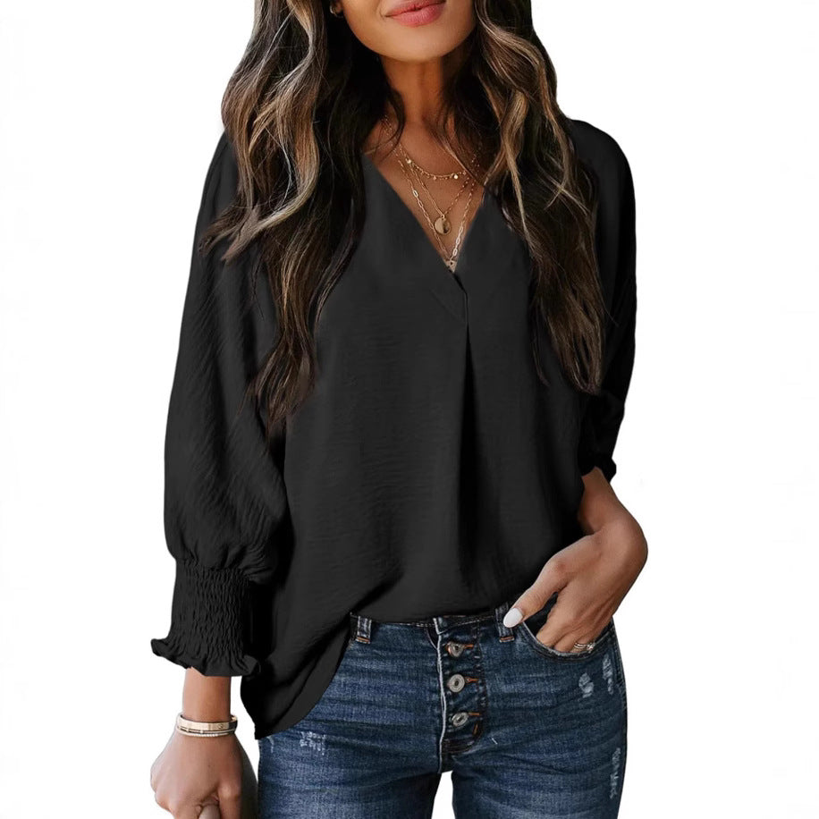 Women's Tight Loose Top V Neck Casual Loose Cropped Sleeve Shirt