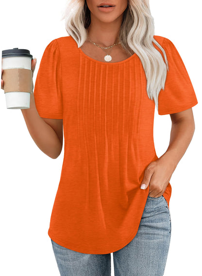 Hot Sale-Women's Short Sleeve Pleated Dressy Casual Scooped Neck Tops