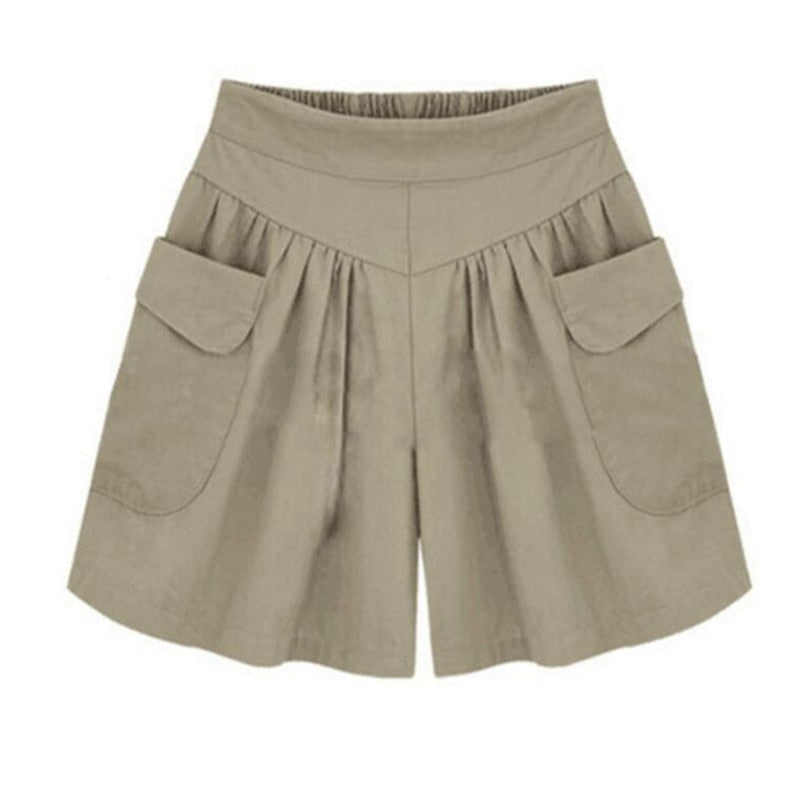Women Summer Loose Casual Shorts Culottes Elastic Waist Wide Shorts with Pockets