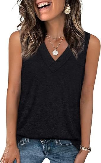 Women's Sleeveless V-Neck Slimming Loose Fit Casual Tank Top T-Shirt