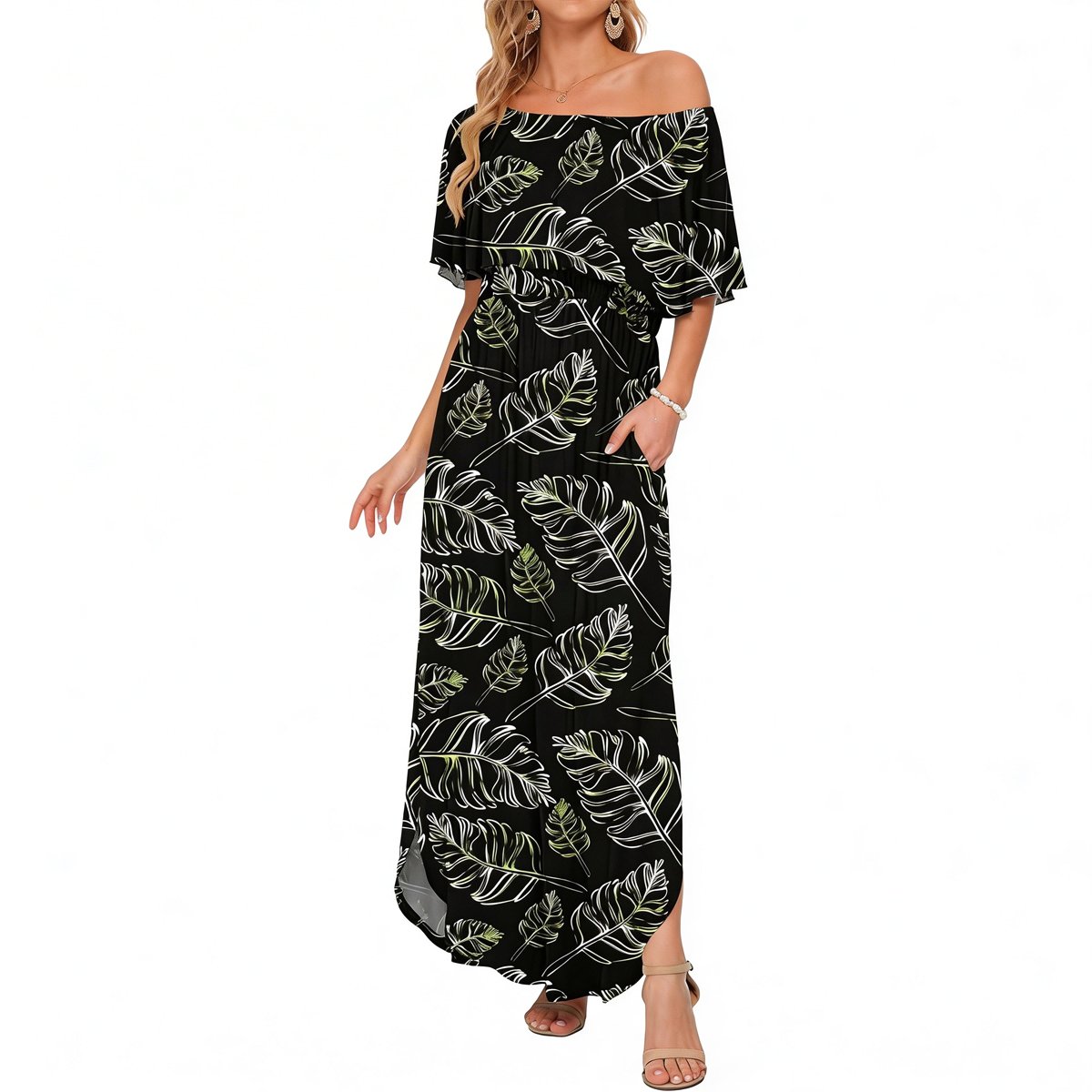 Women's Off The Shoulder Dress Wedding Guest Dress Summer Casual Long Ruffle Party Side Split Beach Maxi Dresses