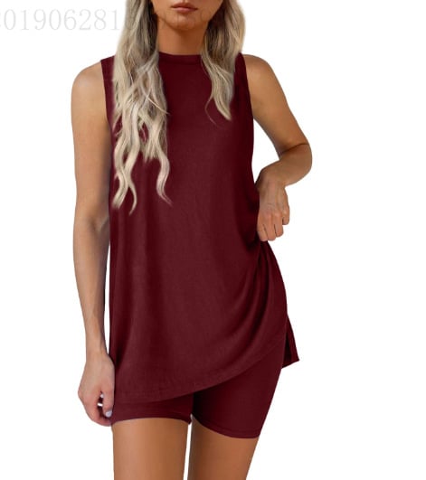 Sleeveless Crewneck Women's 2 Piece Sets Resort Split Hem Fitted