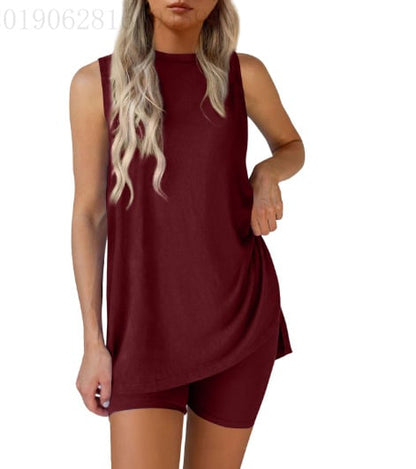 Sleeveless Crewneck Women's 2 Piece Sets Resort Split Hem Fitted