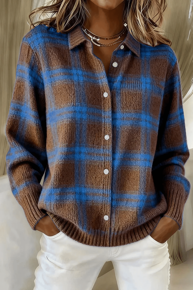 Women's Plaid Print Casual Cotton Buttoned Cardigan Sweater