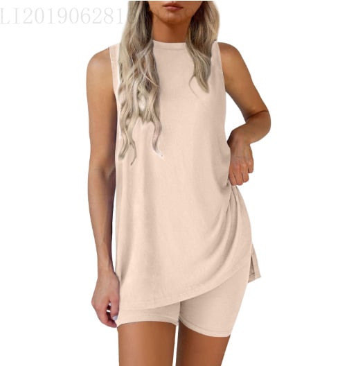 Sleeveless Crewneck Women's 2 Piece Sets Resort Split Hem Fitted