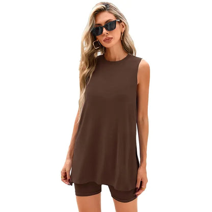 Sleeveless Crewneck Women's 2 Piece Sets Resort Split Hem Fitted
