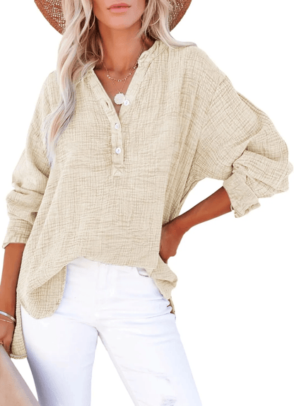 Womens Casual Gauze Button Neck Long Sleeve Oversized Blouses Tops
