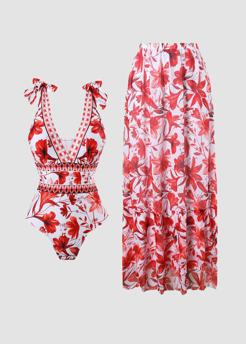 ✨Last Day 49% OFF✨V Neck Lace Up Printed One Piece Swimsuit and Skirt-Buy 2 Get Free Shipping Today