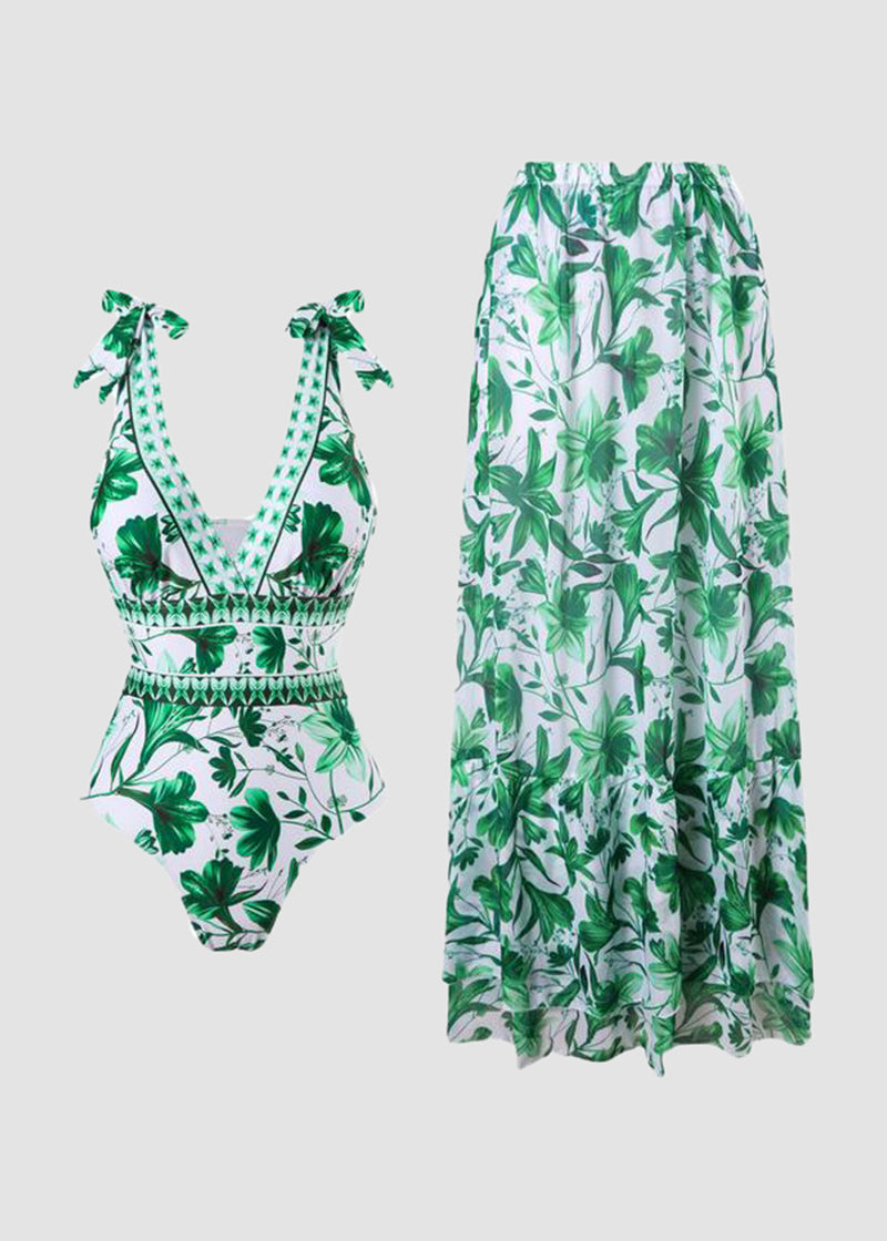 ✨Last Day 49% OFF✨V Neck Lace Up Printed One Piece Swimsuit and Skirt-Buy 2 Get Free Shipping Today