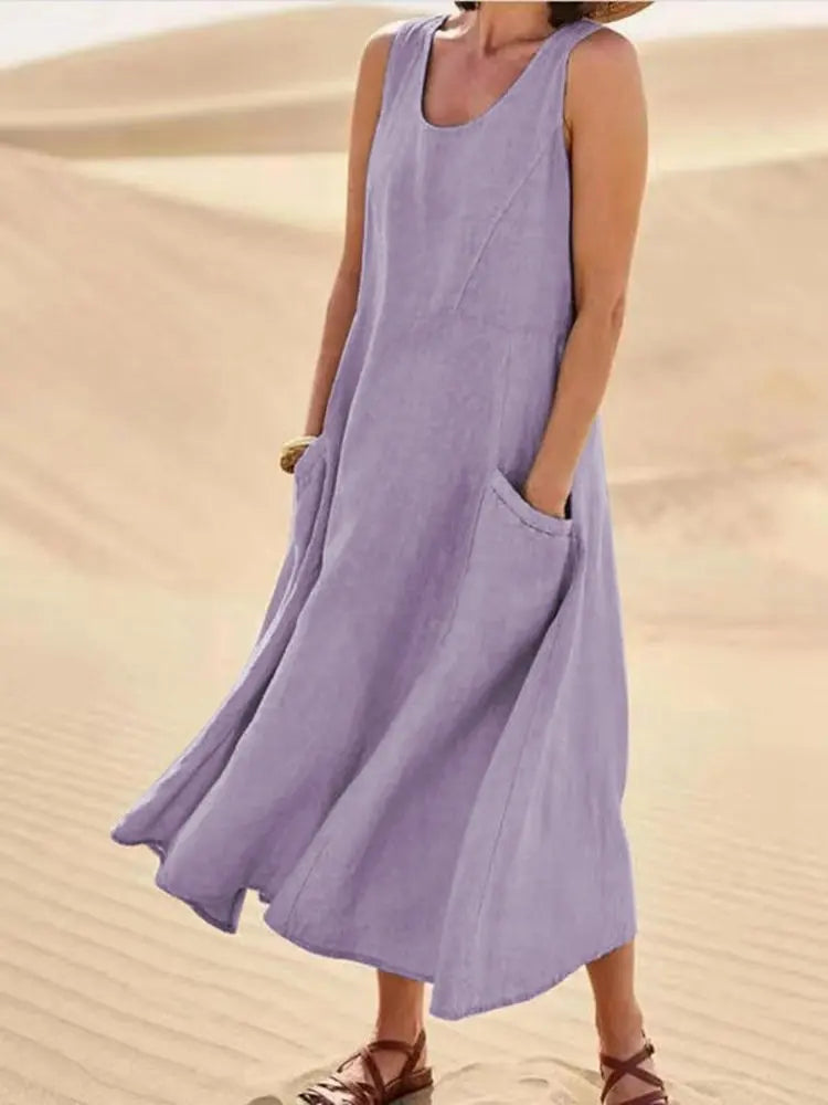 Last Day 49% OFF Women Cotton Linen Sundress Summer Sleeveless Loose Pocket Long Dress Buy 2 Get Free Shipping Today