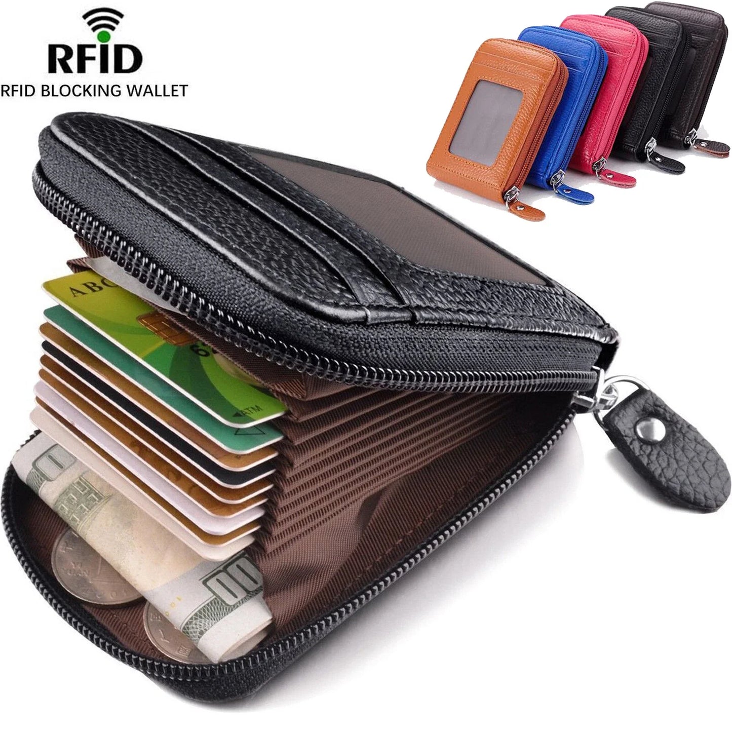 Unisex RFID Blocking Leather Wallet with Zipper & ID Card Holder