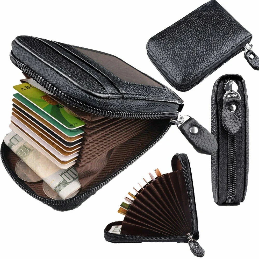 Unisex RFID Blocking Leather Wallet with Zipper & ID Card Holder