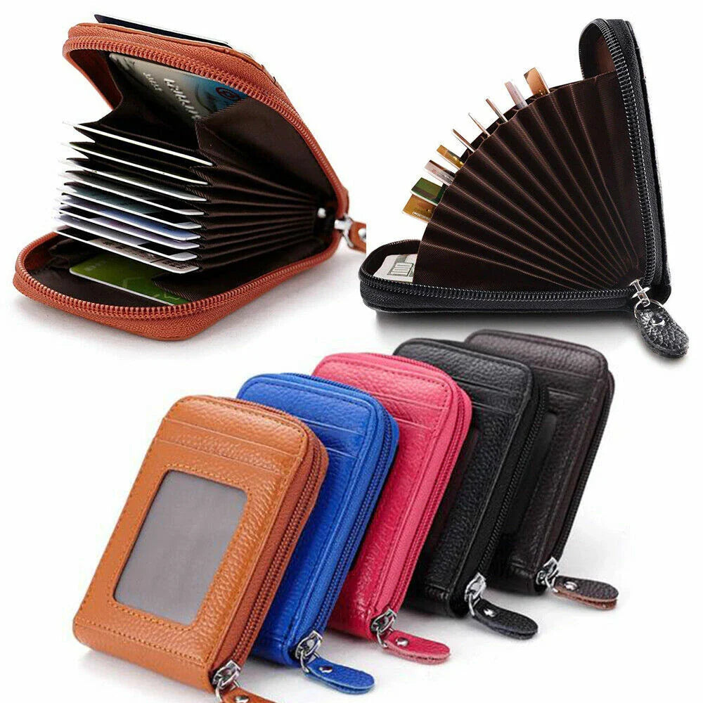 Unisex RFID Blocking Leather Wallet with Zipper & ID Card Holder