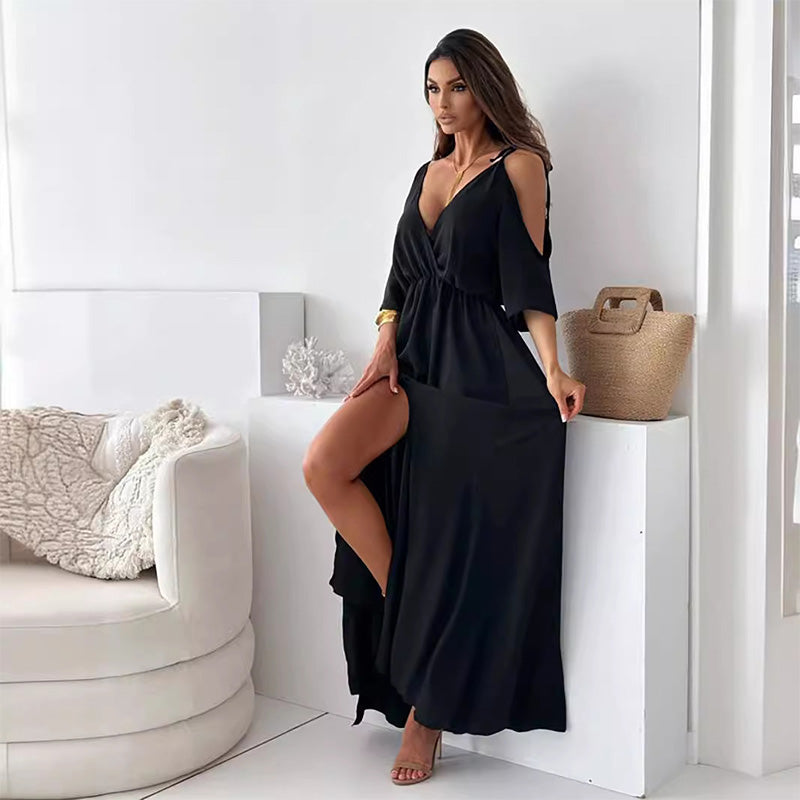 Elegant sexy V-neck dress with side slit for women