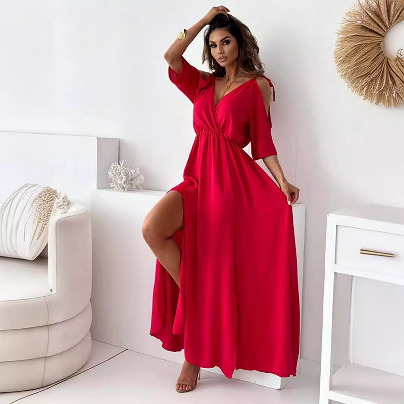 Elegant sexy V-neck dress with side slit for women