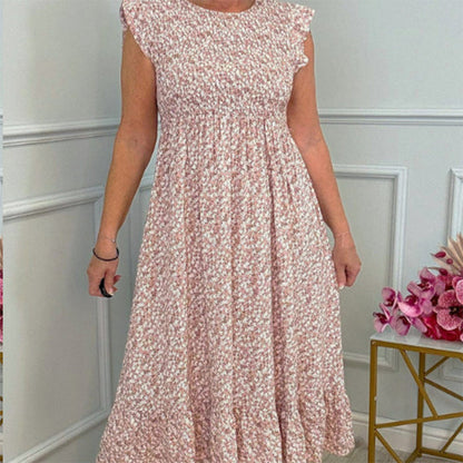 🎉🛍️Summer Hot Promotion 50% OFF💃Women's Elegant Floral Print High-Waisted Ruffle Cap Sleeve Dress