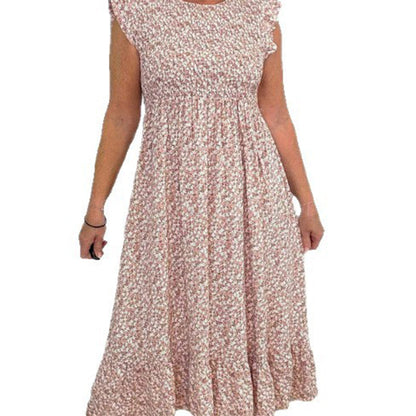 🎉🛍️Summer Hot Promotion 50% OFF💃Women's Elegant Floral Print High-Waisted Ruffle Cap Sleeve Dress