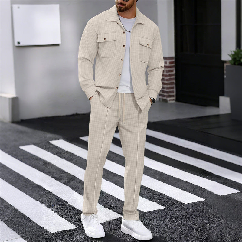 Men's Waffle Button-Up Jacket & Trousers Set – Breathable Waffle Knit, Relaxed Fit & Effortless Casual Style