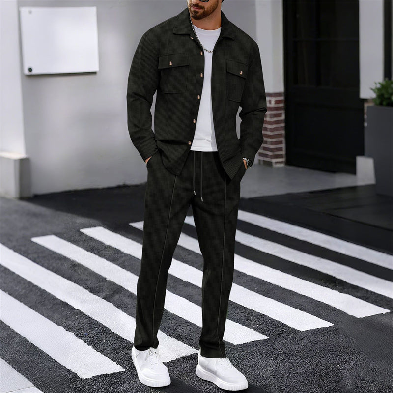 Men's Waffle Button-Up Jacket & Trousers Set – Breathable Waffle Knit, Relaxed Fit & Effortless Casual Style