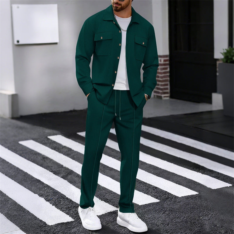 Men's Waffle Button-Up Jacket & Trousers Set – Breathable Waffle Knit, Relaxed Fit & Effortless Casual Style