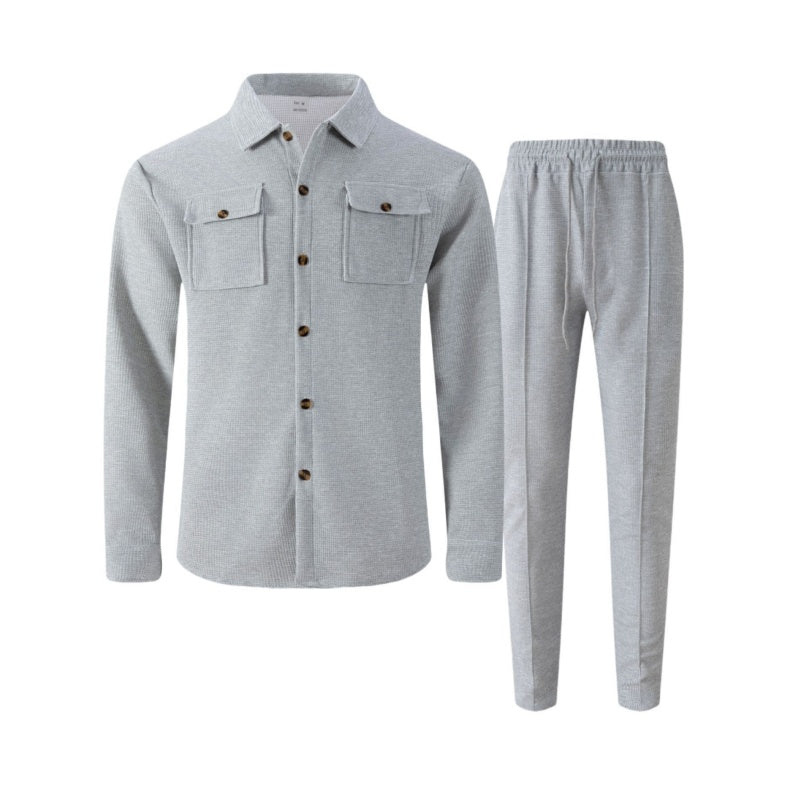 Men's Waffle Button-Up Jacket & Trousers Set – Breathable Waffle Knit, Relaxed Fit & Effortless Casual Style