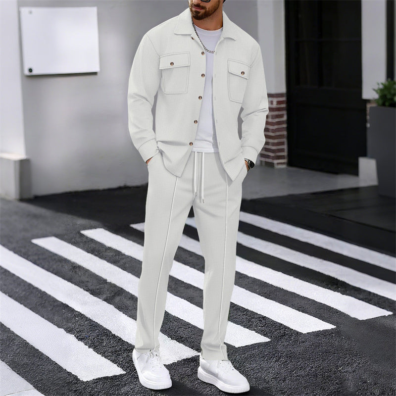 Men's Waffle Button-Up Jacket & Trousers Set – Breathable Waffle Knit, Relaxed Fit & Effortless Casual Style