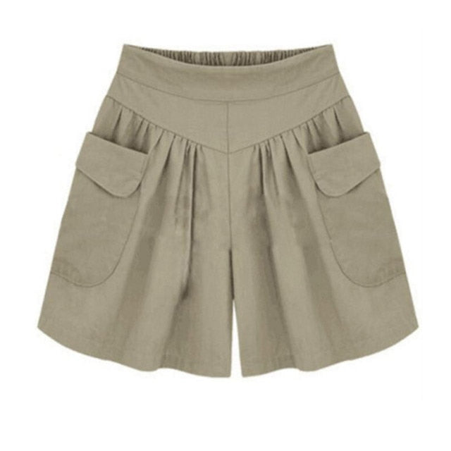 Women Summer Loose Casual Shorts Culottes Elastic Waist Wide Shorts with Pockets